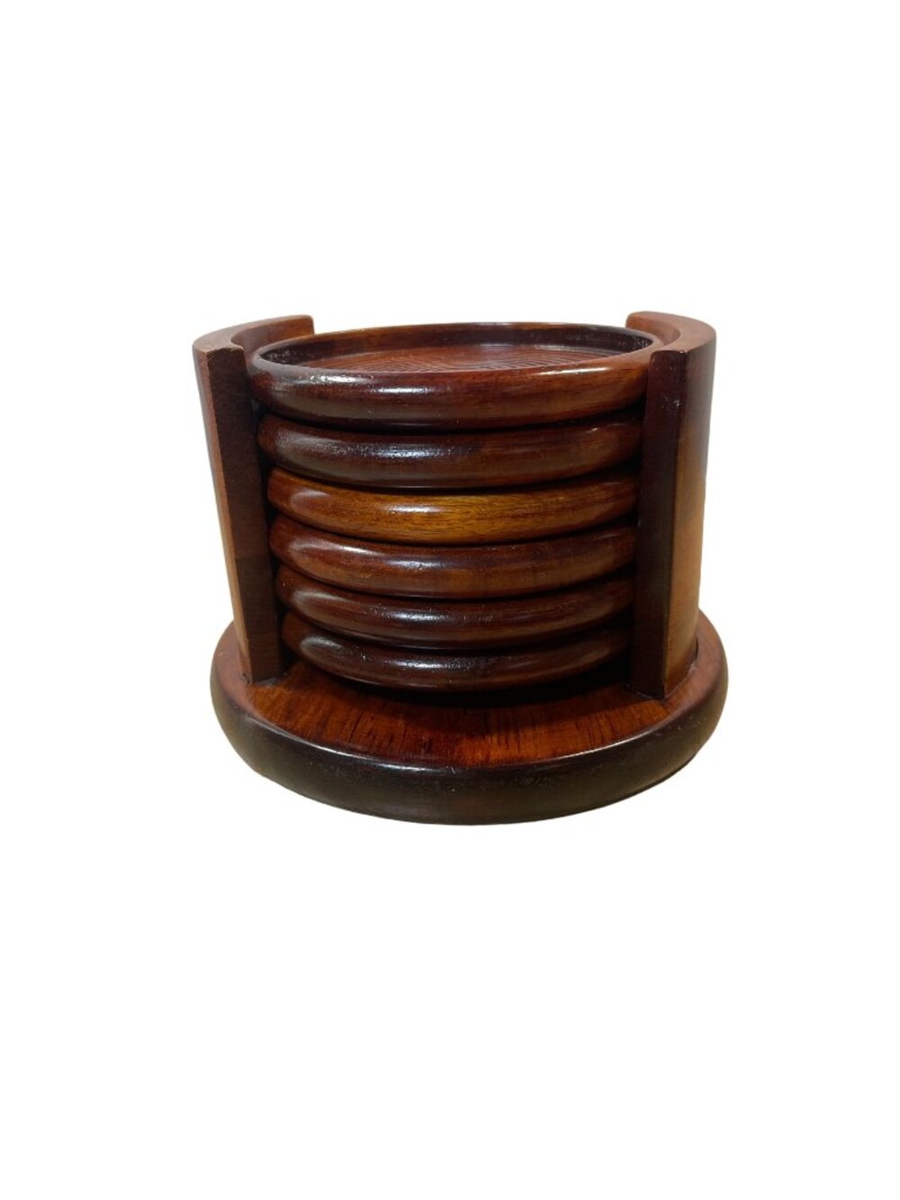 Vintage Pomerantz Rosewood Coasters with Holder 7 Piece Set Vietnam Ribbed Round